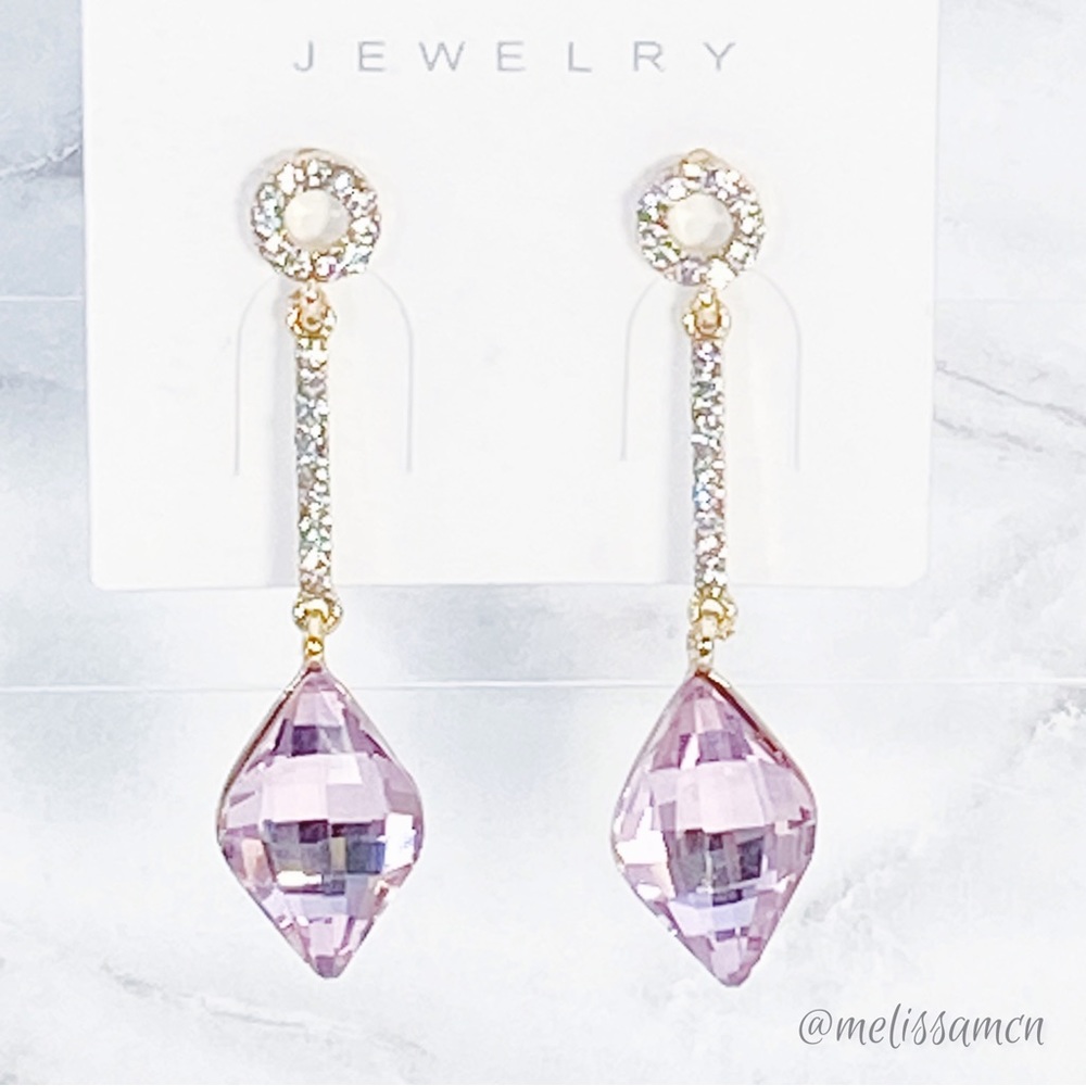 Pink Crystal Rhinestone Drop Earrings - Picture 3 of 4